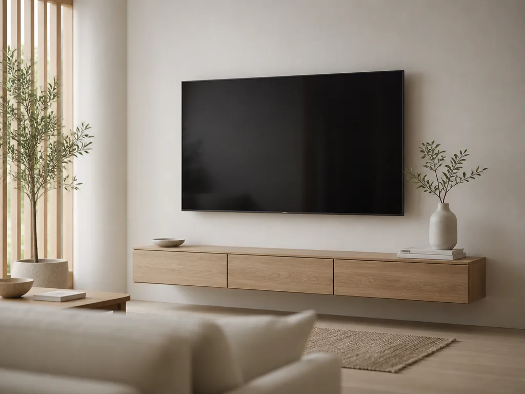 Tunn flatskärms-TV monterad på väggen i ett modernt skandinaviskt vardagsrum med mjukt omgivande ljus — bästa 55 tums TV 2026