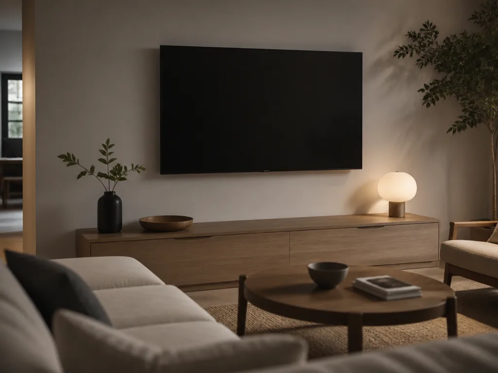 Stor 65 tums flatskärm monterad på väggen i ett modernt skandinaviskt vardagsrum med mjukt omgivande ljus — bästa 65 tums TV 2026
