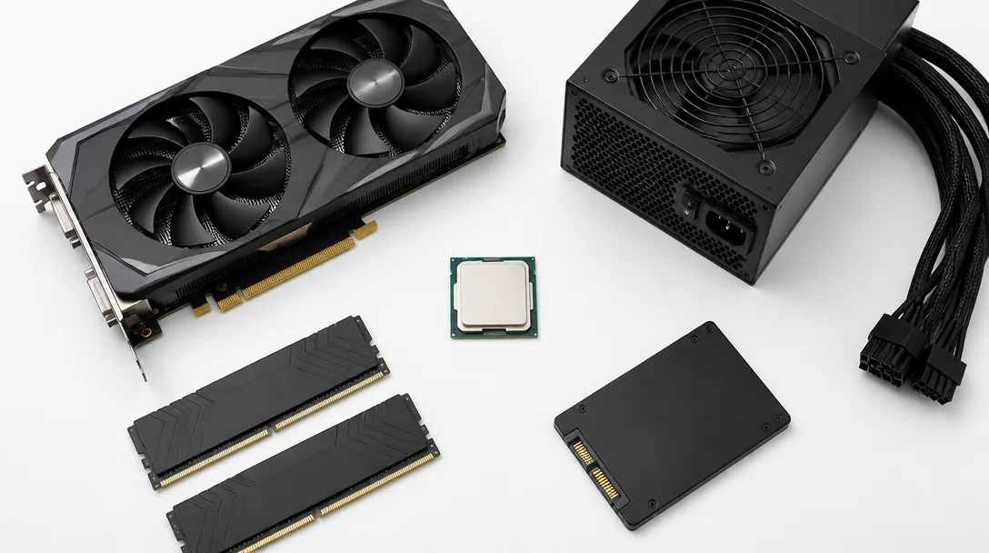 Oversikt av gaming-dator-komponenter: grafikkort, CPU, RAM och SSD upplagda i studiomiljö