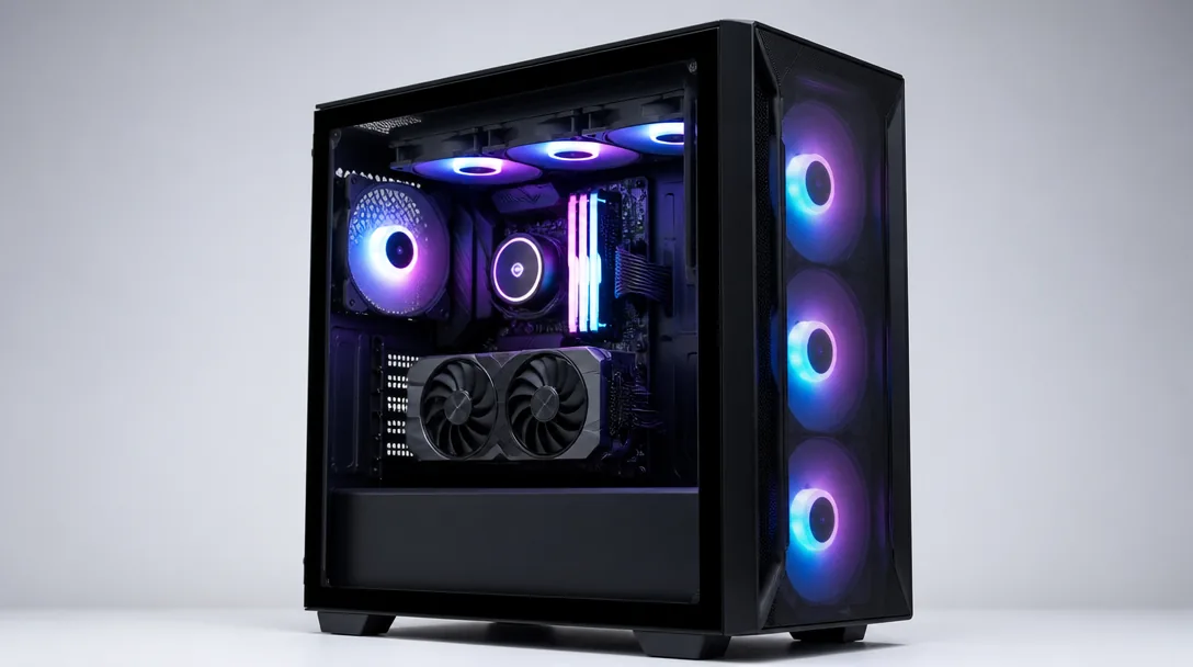 Stationär gaming dator med genomskinlig sidopanel och RGB-belysning mot neutral studiobakgrund