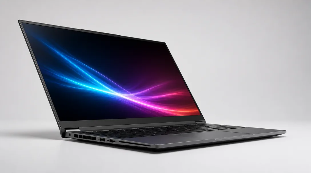 Modern gaming laptop med tunn profil mot ljus studiobakgrund