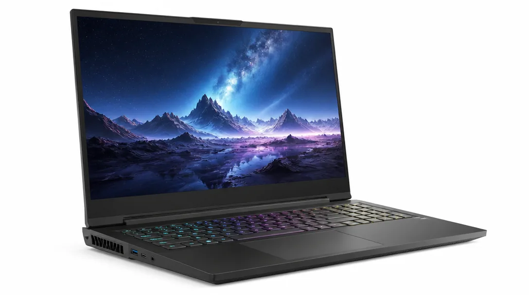 Gaming laptop öppen på neutral studiobakgrund i trekvartsperspektiv, professionell produktfotografering