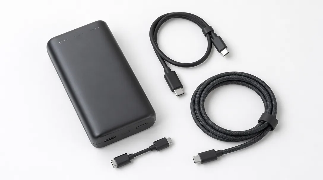 Powerbank och USB-C-kablar i studiomiljö