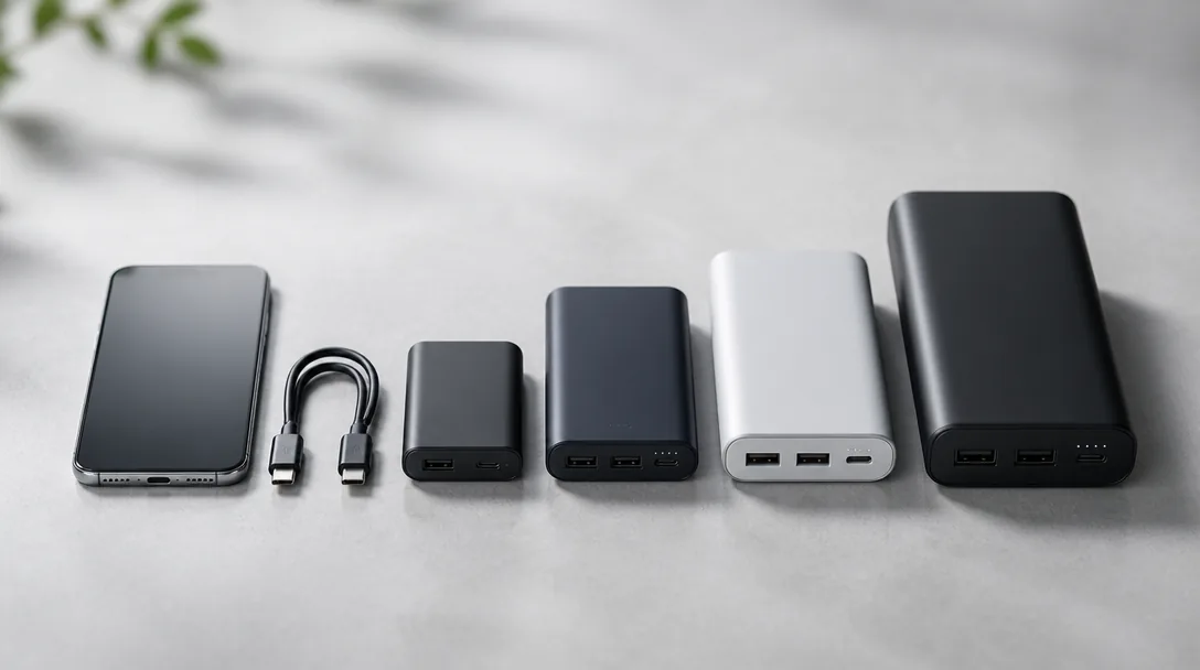 Powerbanks i olika storlekar uppställda bredvid en mobil och en laddkabel