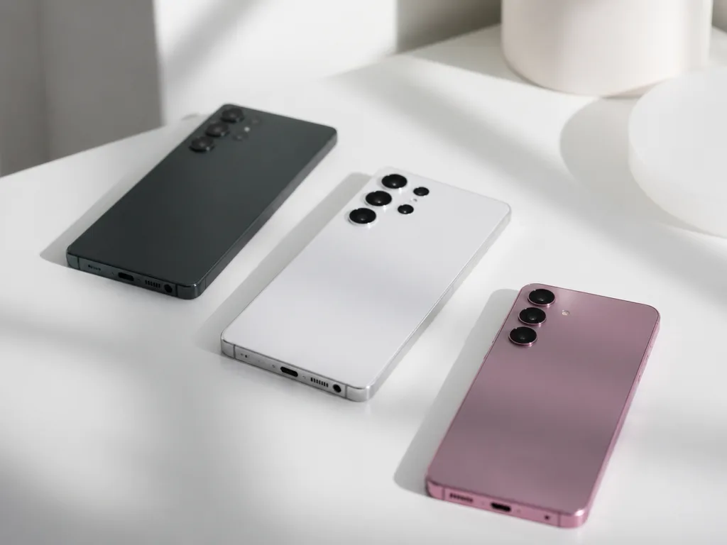 Samsung Galaxy-smartphones uppradade på ett minimalistiskt vitt underlag i naturligt studioljus