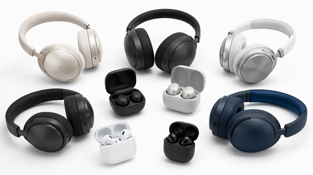 Trådlösa over-ear hörlurar och true wireless proppar på vit studiobakgrund, produktfotografering