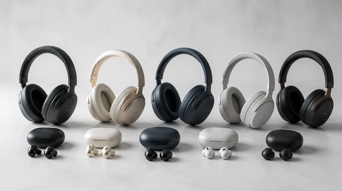 Trådlösa over-ear hörlurar och true wireless proppar uppradade på vit studiobakgrund för jämförande test 2026