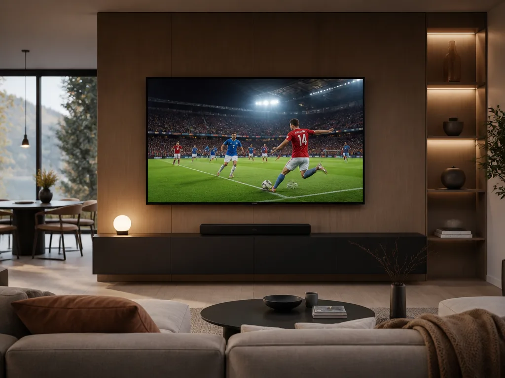 Stort platt-TV monterad på väggen i ett modernt skandinaviskt vardagsrum som visar en fotbollsmatch i starka färger — bästa TV för sport 2026