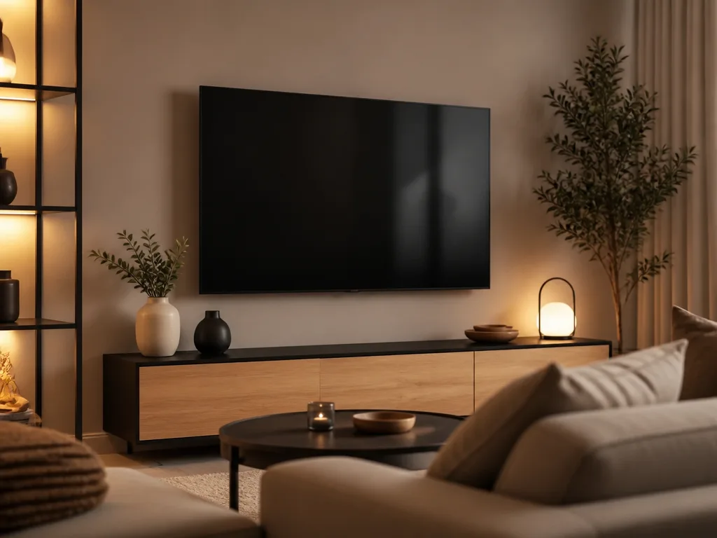 Stor flatskärms-TV monterad på väggen i ett modernt skandinaviskt vardagsrum med mjukt omgivande ljus — bästa TV 2026
