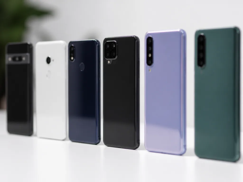 Begagnade Android-smartphones uppradade på vit yta i studio med mjukt ljus