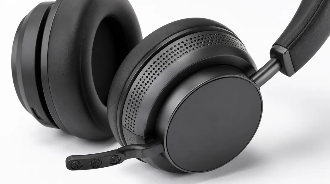 Närbild av over-ear-hörlurar med mikrofon-array på vit studiobakgrund