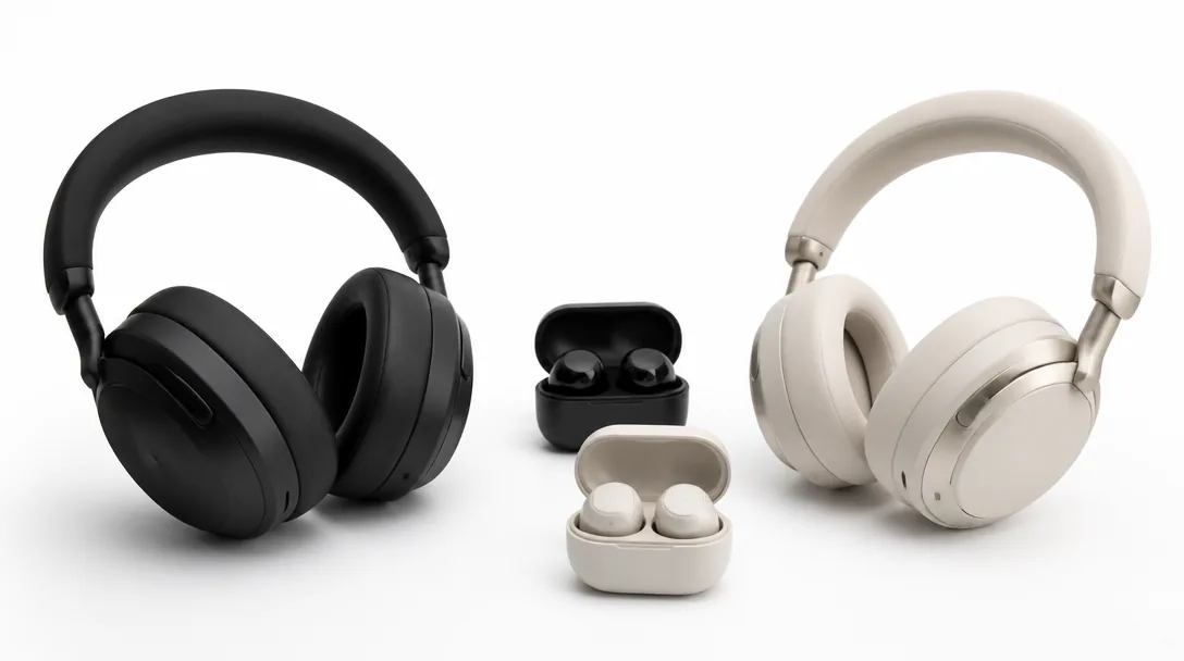 Premium brusreducerande over-ear hörlurar och in-ear proppar uppradade på vit studiobakgrund för jämförande test