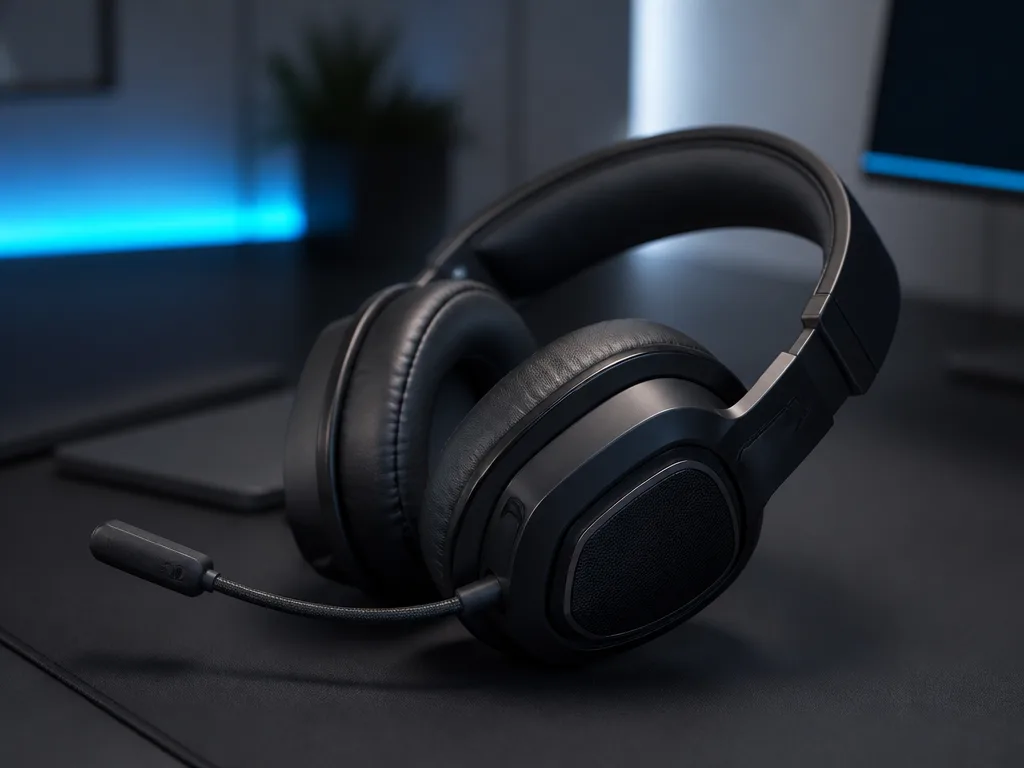 Premium gaming headset på modernt skrivbord med mjukt omgivande ljus, gaming headset bäst i test 2026