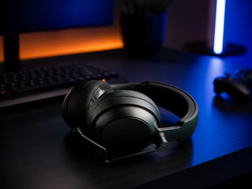 Premium trådlöst gaming headset på modernt skrivbord med mjukt ambient bakgrundsljus, gaming hörlurar bäst i test 2026