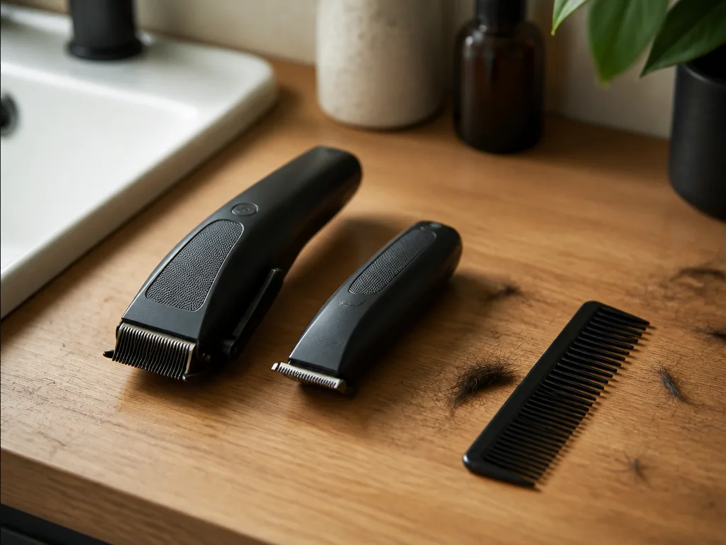 Sladdlös hårtrimmer på en träbänk i badrummet bredvid en kam och hårstrån