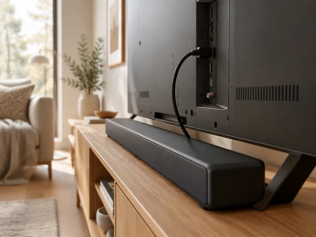 Baksidan av en platt-tv med en HDMI-kabel ansluten till en av portarna och en soundbar framför på en mediabänk i trä
