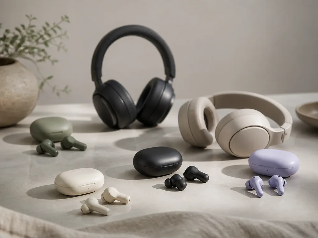Flera par hörlurar av olika typ, in ear, on ear och over ear, uppradade för jämförande test