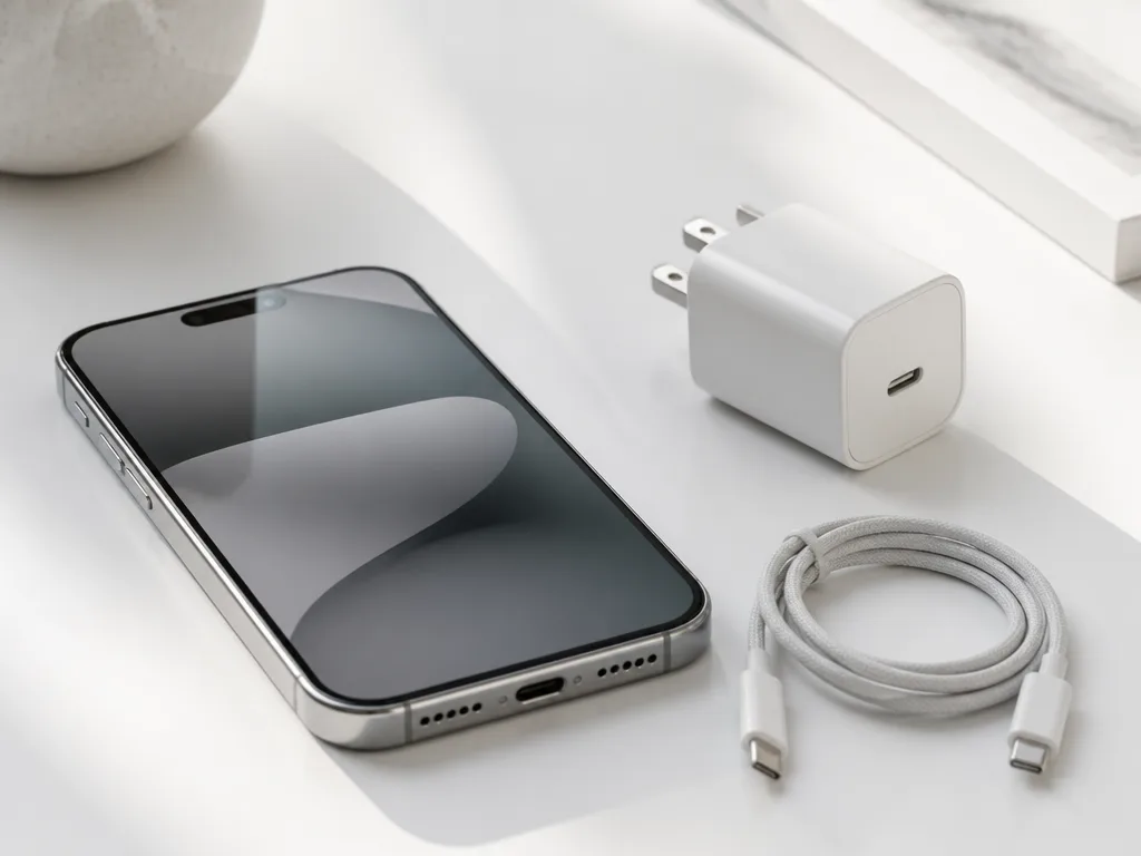 iPhone 15 med USB-C-kabel och kompakt GaN-laddare på ett vitt skrivbord med naturligt sidoljus