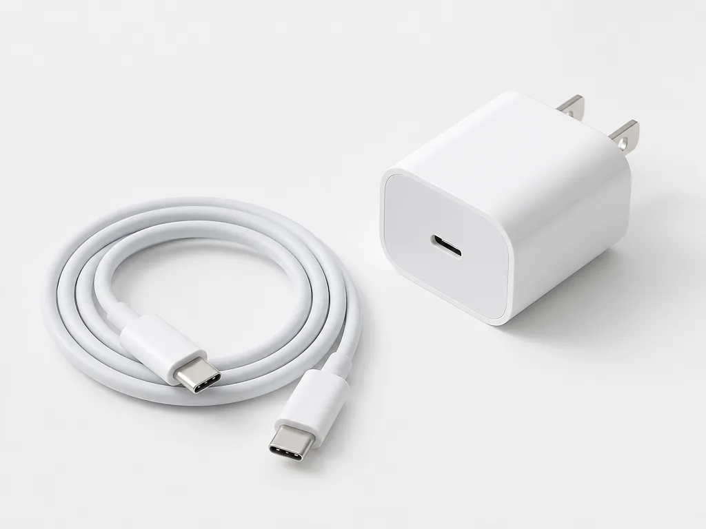 iPhone USB-C-kabel och vit väggladdare på vit yta, produktfoto för laddningsguide 2026