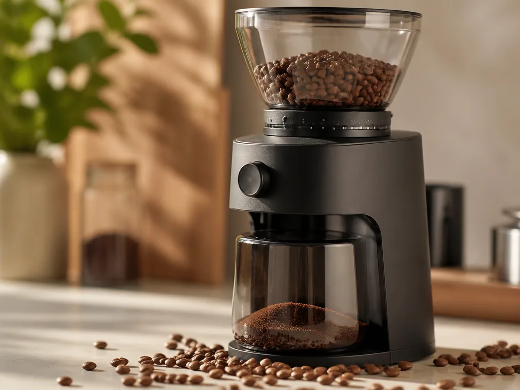 Elektrisk kaffekvarn på köksbänk med nymalda kaffebönor
