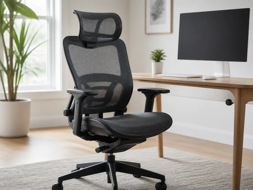 Ergonomisk kontorsstol i ett ljust, minimalistiskt hemmakontor