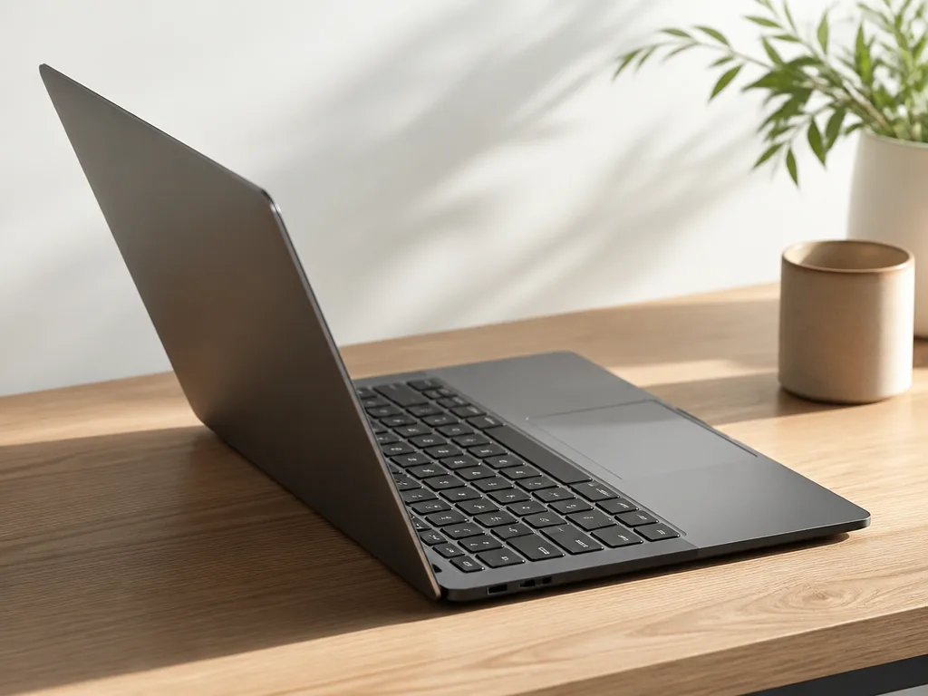 Tunn modern laptop öppen på ett träbord med naturligt sidoljus — bärbar dator bäst i test 2026
