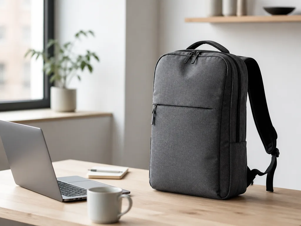 Modern laptop ryggsäck placerad på ett ljust träskrivbord bredvid en öppen laptop, bäst i test datorryggsäck 2026
