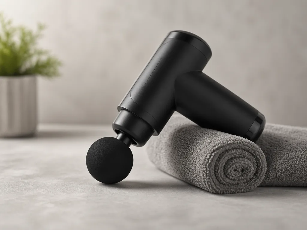 Modern massagepistol som vilar på ett neutralt studiobord bredvid en hoprullad handduk
