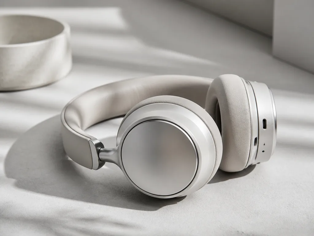 Par premium over-ear hörlurar på minimalistiskt studiobord i mjukt dagsljus