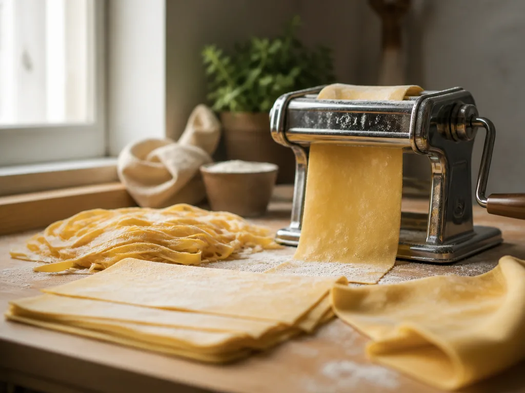 Nyutkavlad pasta och pastaband på ett träbord bredvid en manuell pastamaskin