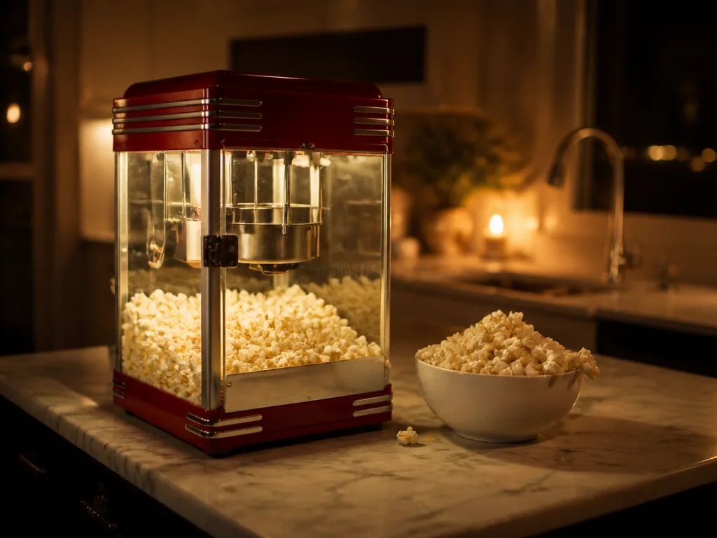 Röd retropopcornmaskin på köksbänk med en skål nypoppade popcorn bredvid