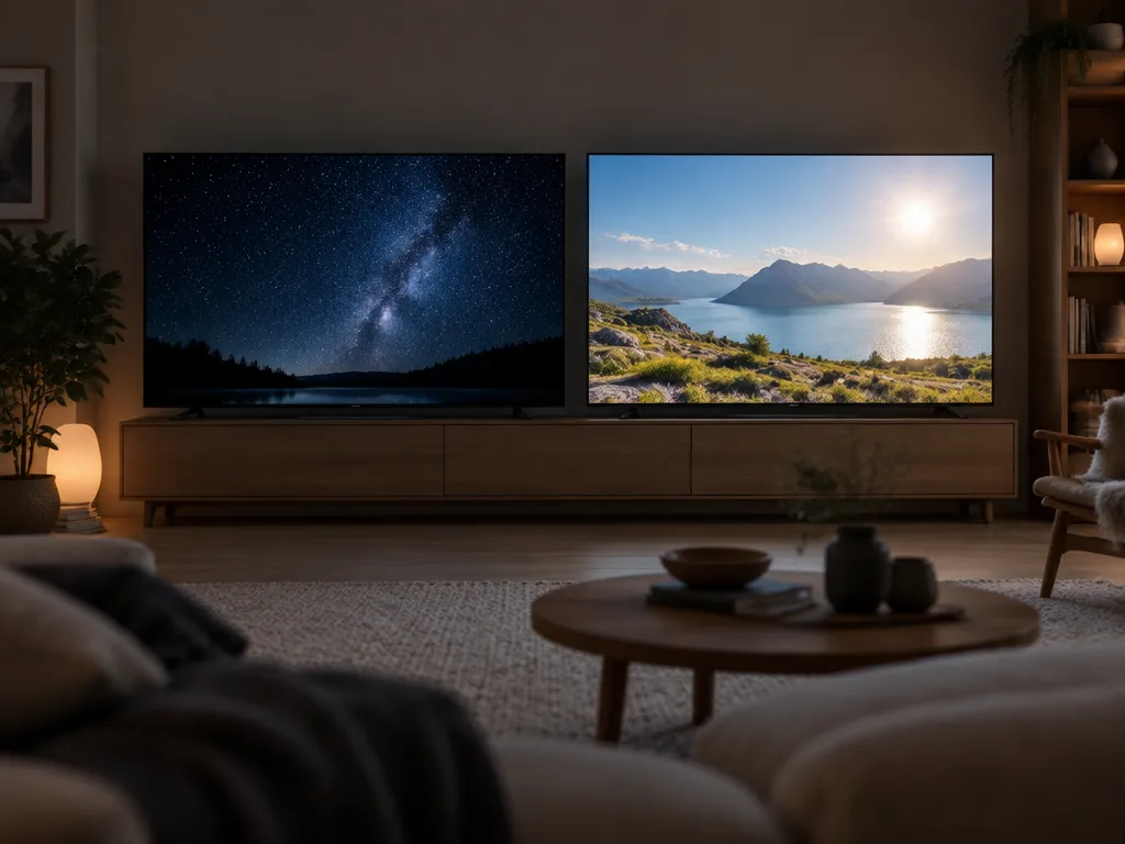 Två platta tv-skärmar sida vid sida i ett skandinaviskt vardagsrum, den ena med djupsvart stjärnhimmel och den andra med ljust solbelyst landskap