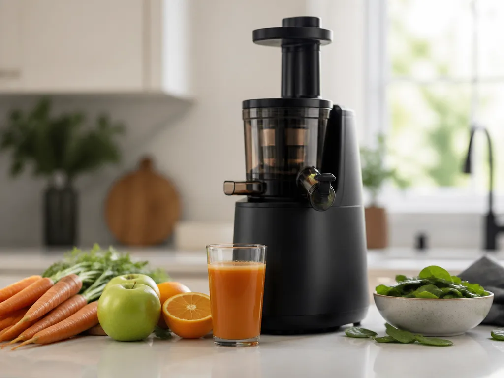 Svart slow juicer på en ljus köksbänk med morötter, äpplen och ett glas färskpressad juice