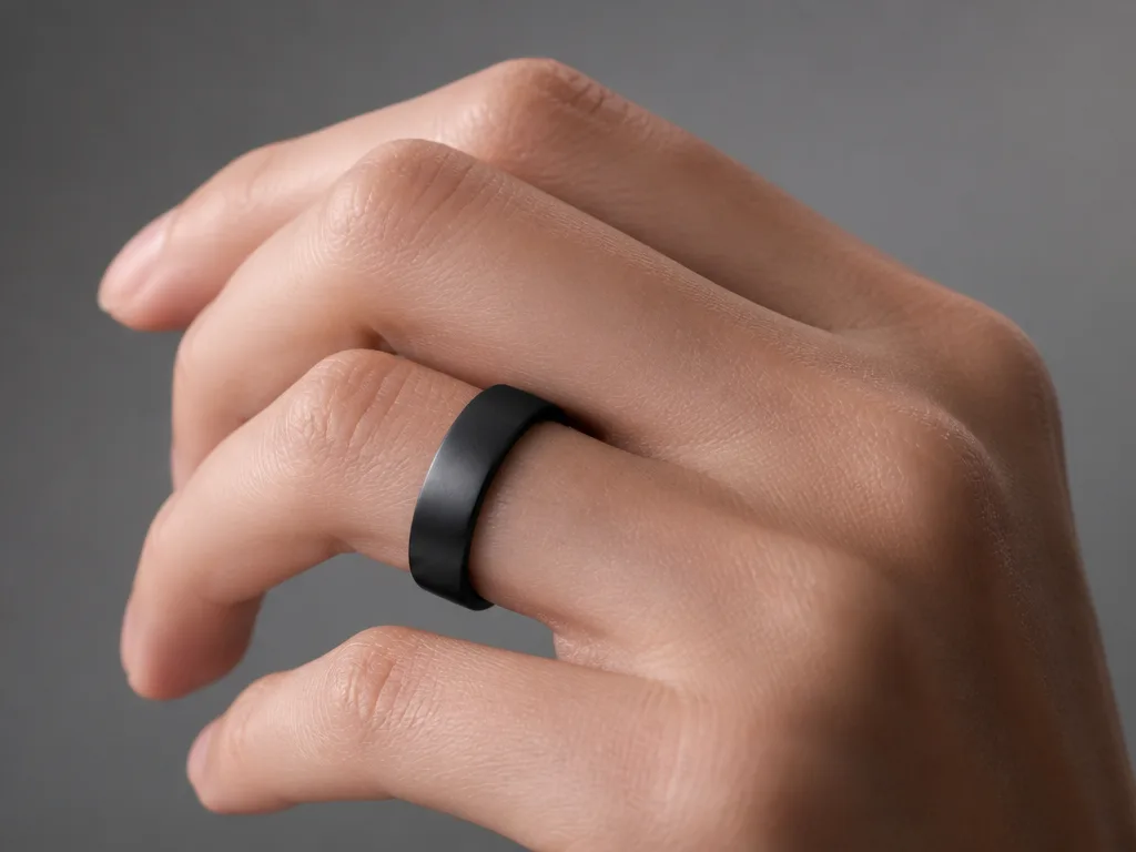 Närbild på en hand som bär en diskret matt svart smart ring