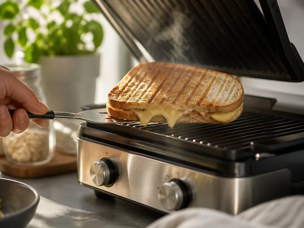 Gyllenbrun grillad macka lyfts från en smörgåsgrill i ett modernt kök