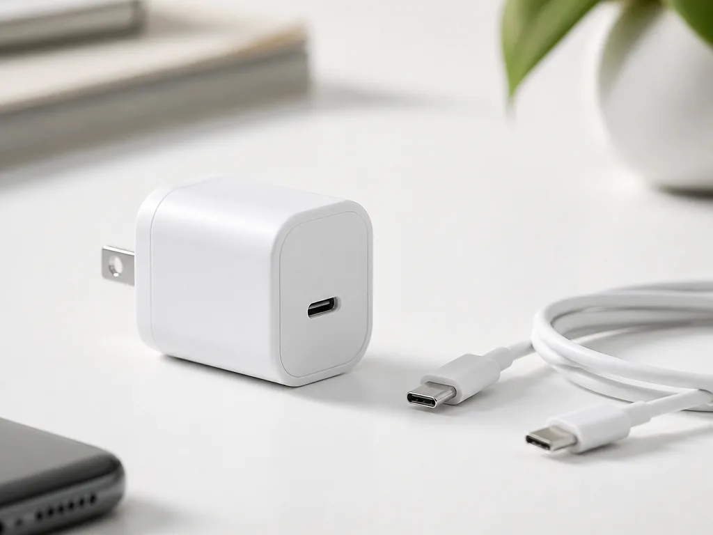 Kompakt USB-C-laddare och kabel på ett minimalistiskt vitt skrivbord med mjukt studioljus