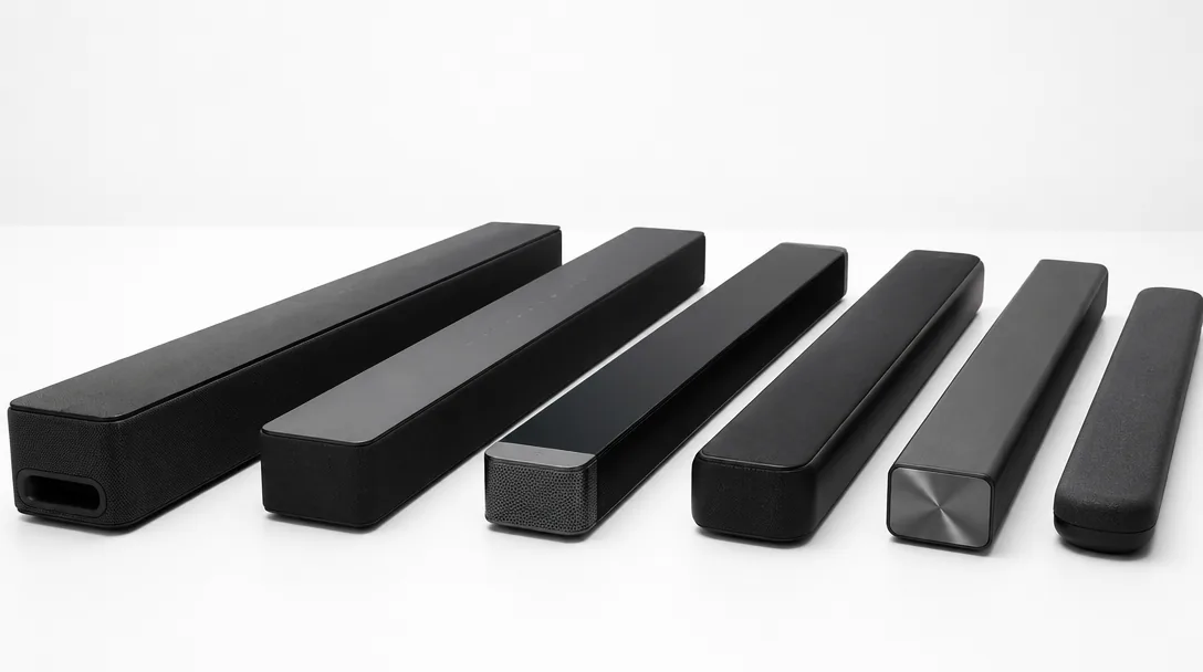 Flera soundbar-modeller uppställda sida vid sida på ett vitt bord för jämförelse