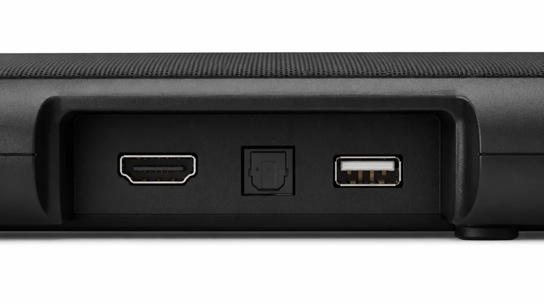 Närbild på en soundbars anslutningspanel med HDMI-ingång, optisk ljud-ingång och USB-port