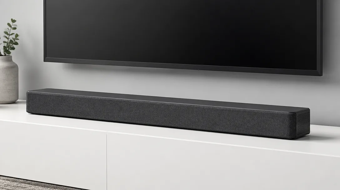 Snygg modern soundbar placerad under en stor TV på ett vitt TV-bänk i ett stilrent vardagsrum