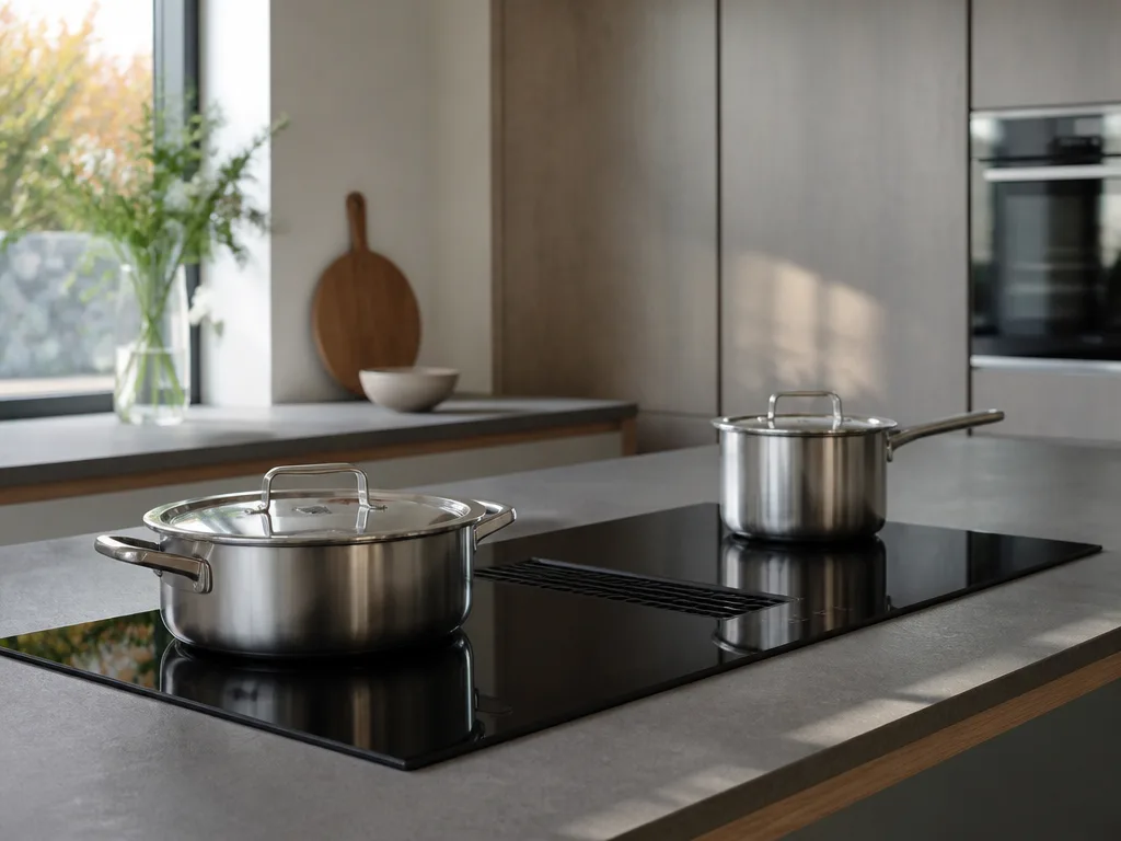 Modern köksö med svart induktionshäll med inbyggd fläkt och kastruller i naturligt dagsljus