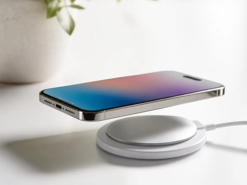 Trådlös MagSafe-laddare och iPhone på vit yta, produktfoto för guide om trådlös laddning 2026