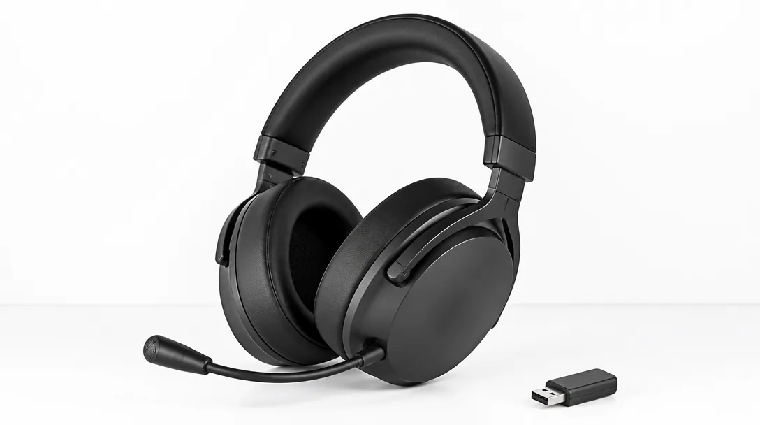 Trådlöst gaming headset med USB-dongle på vit studiobakgrund