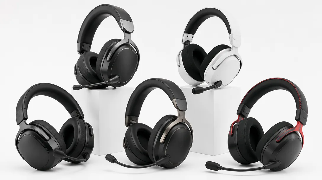 Flera trådlösa gaming-headset uppradade på vit studiobakgrund för jämförande test