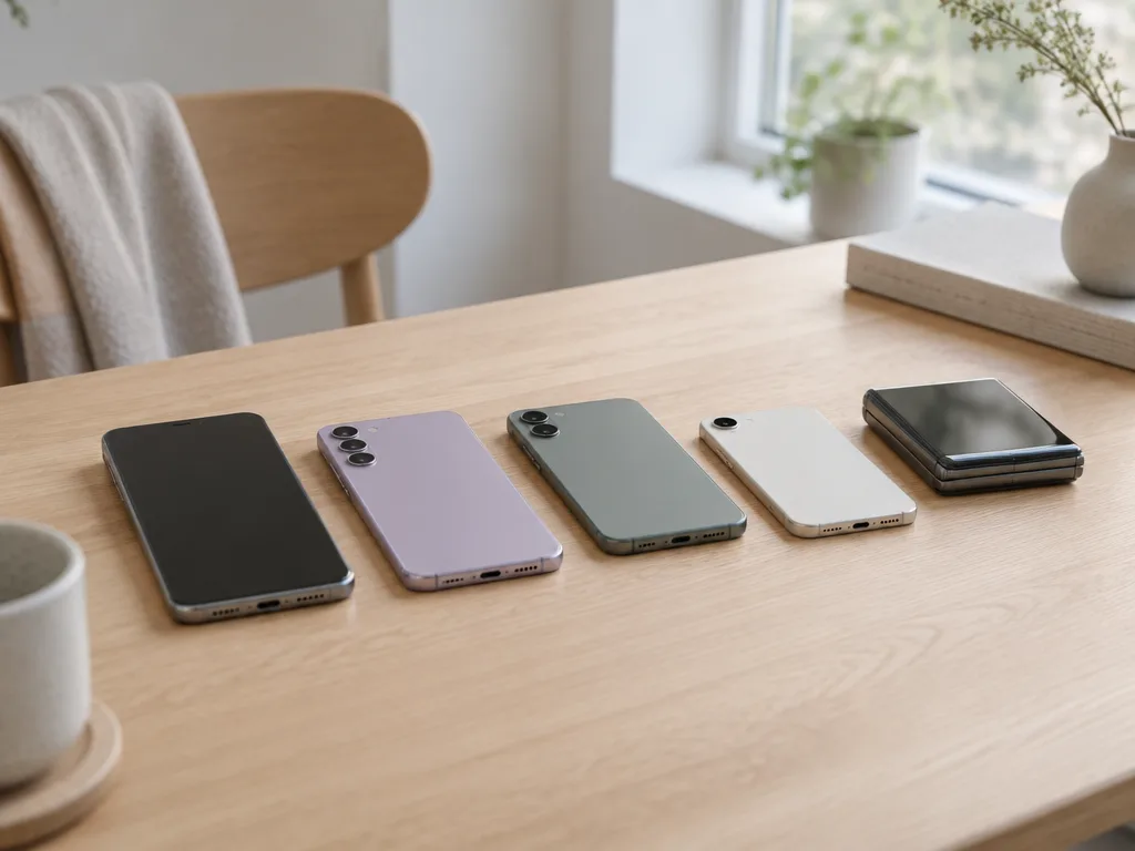 Fem smartphones i olika storlekar och färger, bland dem en hopvikt modell, uppradade på ett ljust ekbord i dagsljus