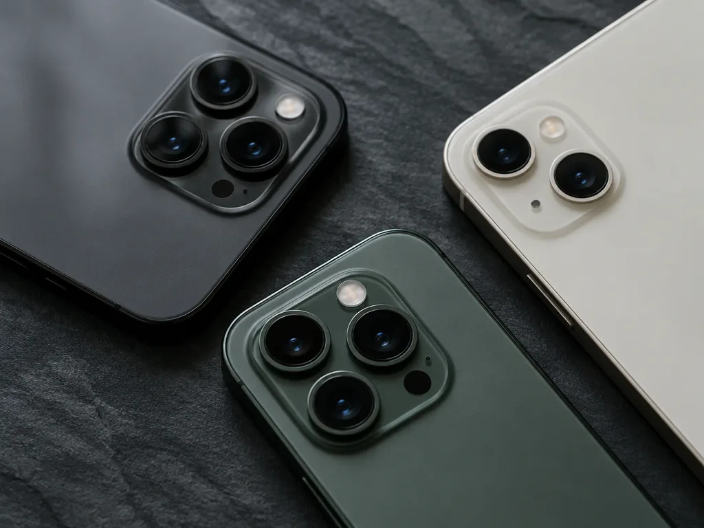Tre smartphones på ett mörkt skifferbord, två med trippelkamera och en med dubbelkamera, fotograferade uppifrån