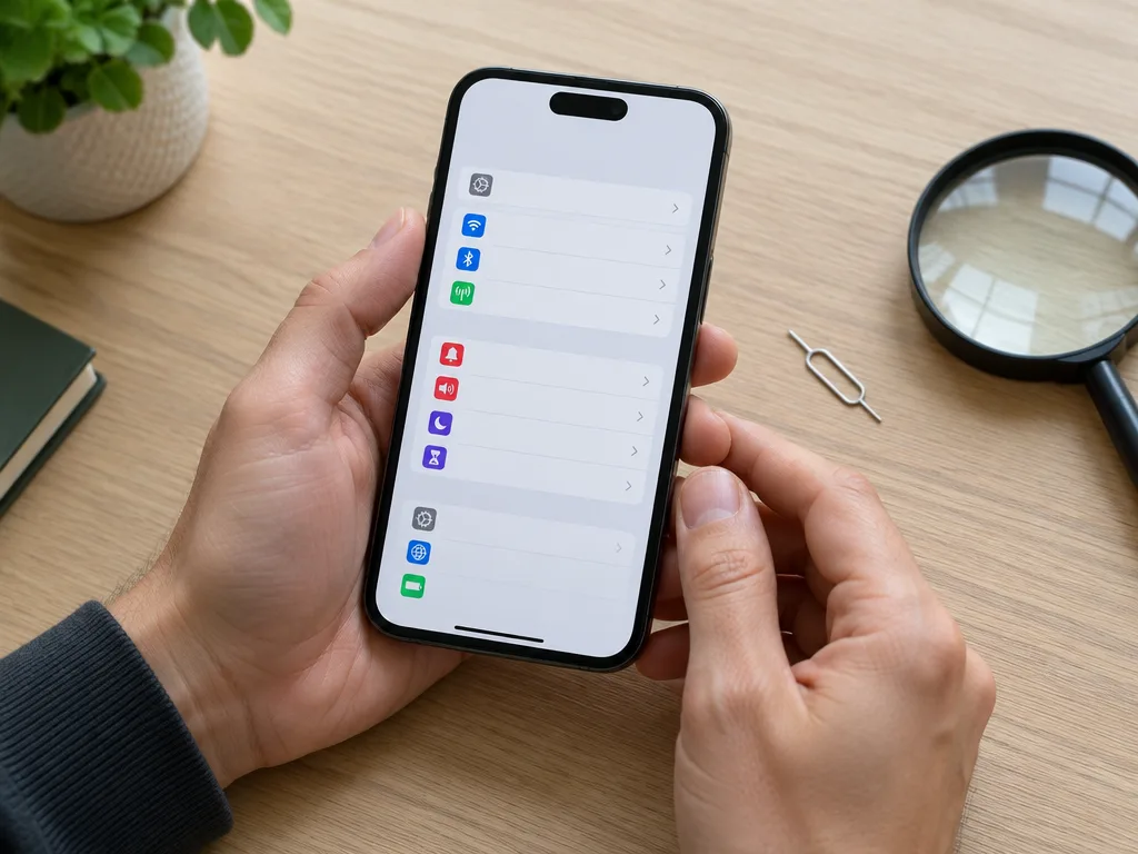 Händer som håller en smartphone med inställningsmenyn öppen, med en sim-nål och ett förstoringsglas på ett ljust träbord