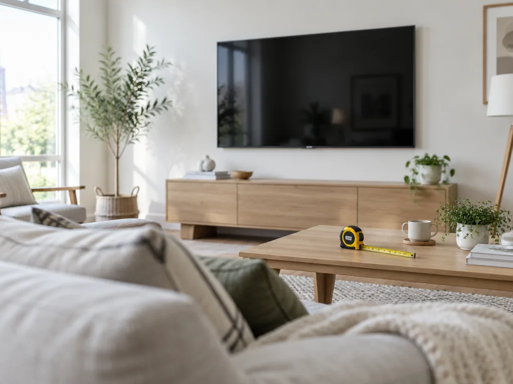 Stor platt-tv på en ljus vägg i ett skandinaviskt vardagsrum med soffa och ett måttband på soffbordet